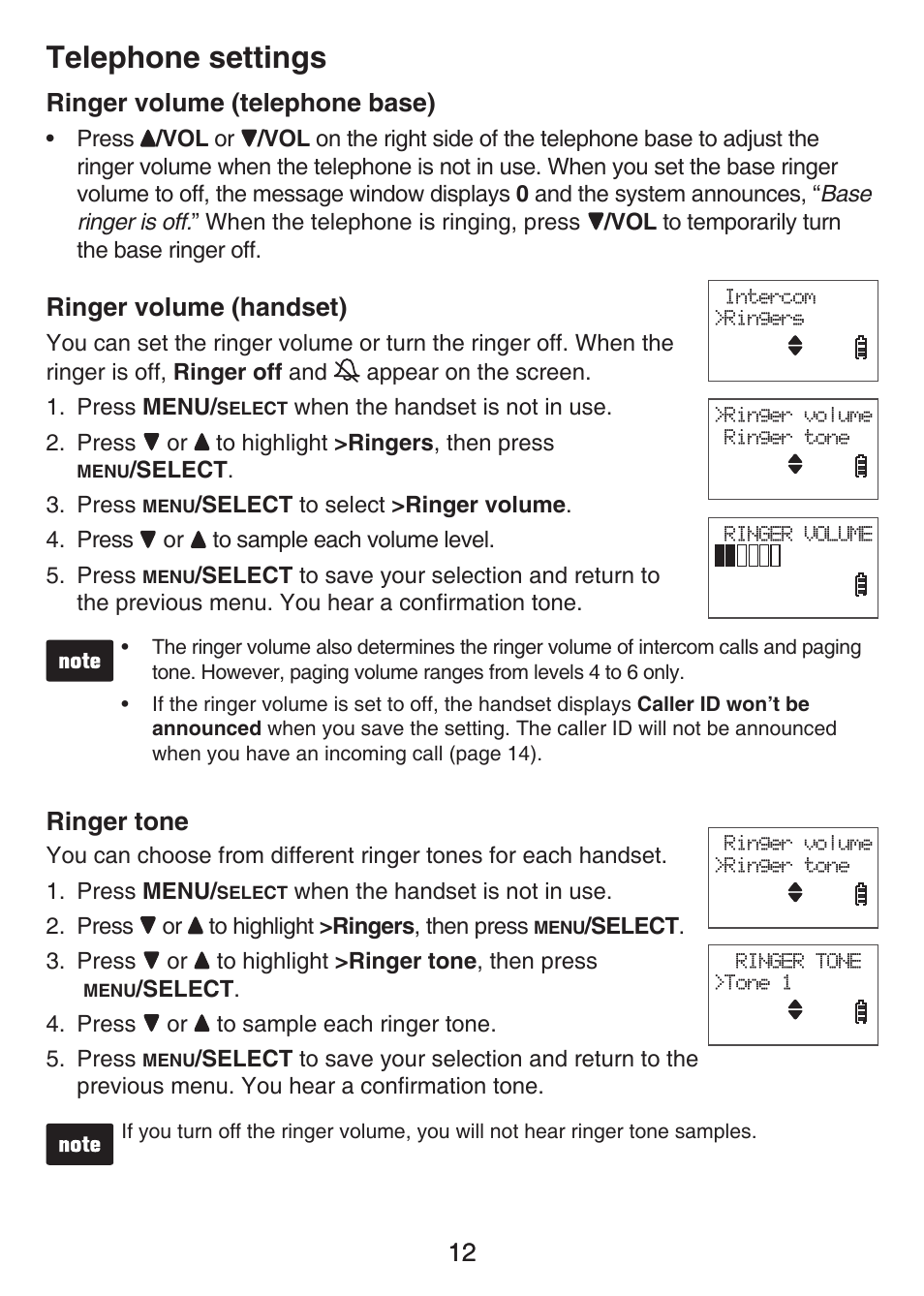 Telephone settings, 12 ringer volume (telephone base), Ringer volume (handset) | Ringer tone | VTech LS6426-3 User Manual | Page 16 / 82