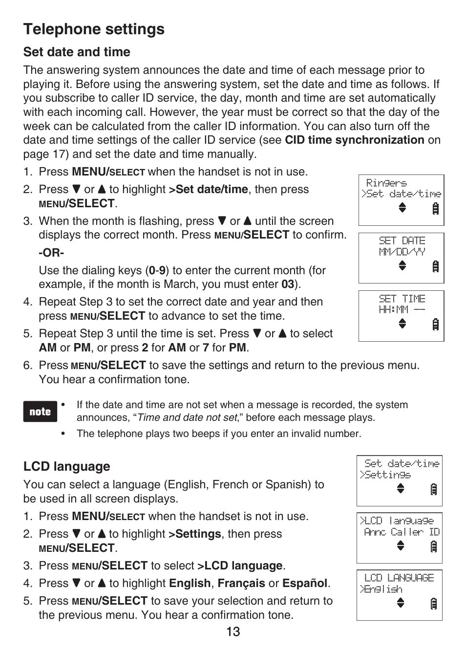 Set contrast, Set date and time lcd language, Telephone settings | Set date and time, Lcd language | VTech LS6426-3 User Manual | Page 17 / 82