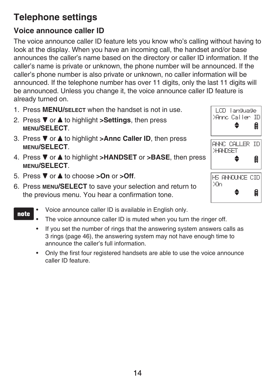 Voice announce caller id, Telephone settings, 14 voice announce caller id | VTech LS6426-3 User Manual | Page 18 / 82