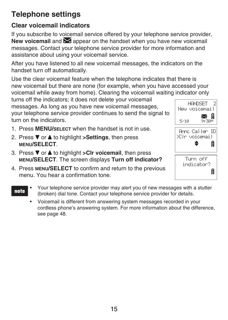 Home area code/local area codes, Clear voicemail indicators, Telephone settings | 15 clear voicemail indicators | VTech LS6426-3 User Manual | Page 19 / 82