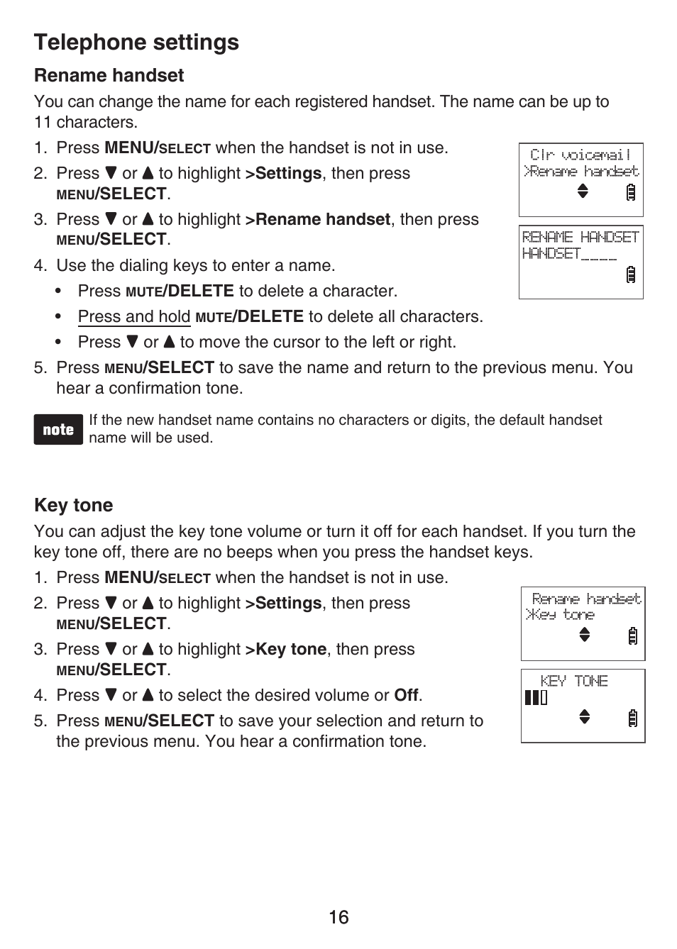 Rename handset key tone, Telephone settings, 16 rename handset | Key tone | VTech LS6426-3 User Manual | Page 20 / 82