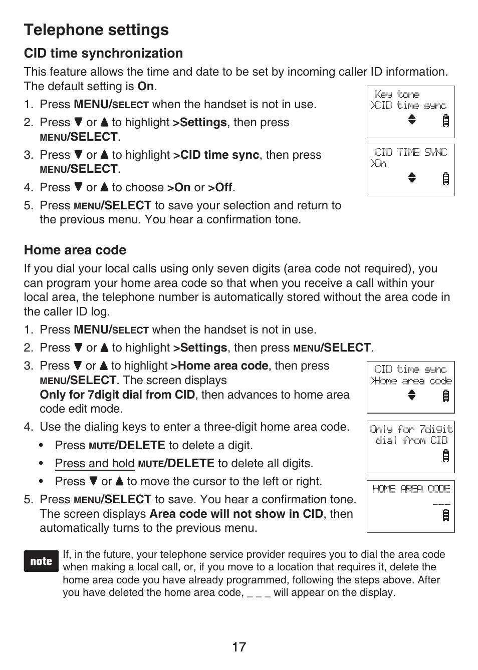 Set time/date, Cid time synchronization home area code, Telephone settings | 17 cid time synchronization, Home area code | VTech LS6426-3 User Manual | Page 21 / 82