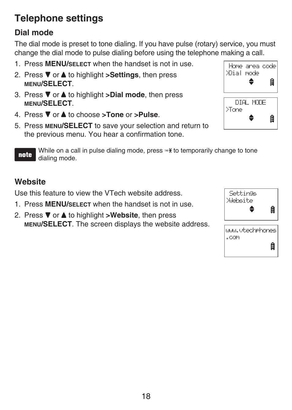 Call waiting, Dial mode website, Telephone settings | Dial mode, Website | VTech LS6426-3 User Manual | Page 22 / 82