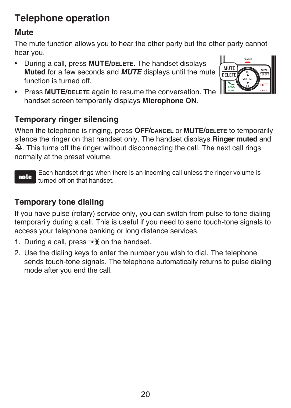 Flash, Mute, Temporary tone dialing | Mute temporary ringer silencing, Telephone operation | VTech LS6426-3 User Manual | Page 24 / 82