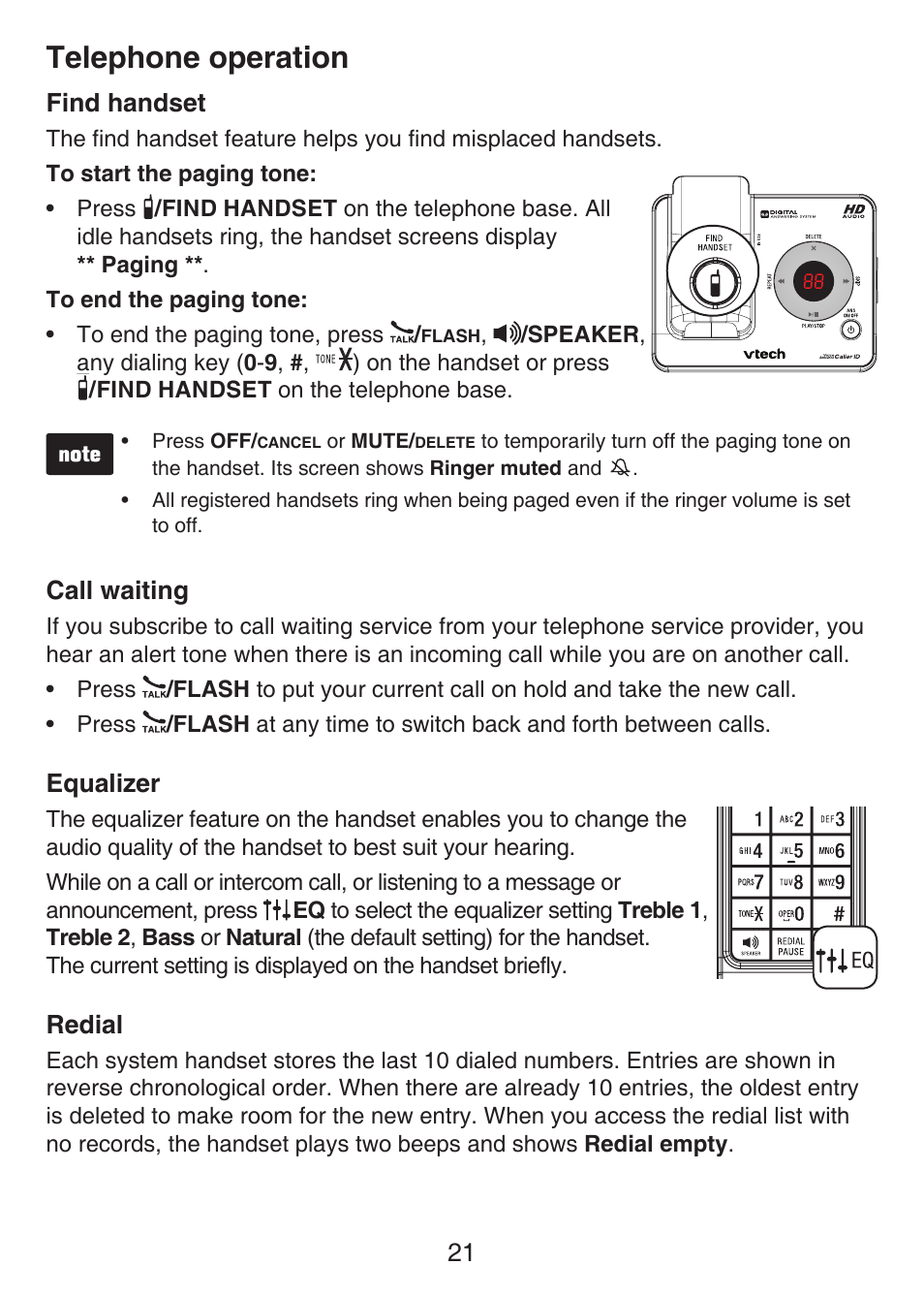 Memory overview, Storing a number in a one-touch location, Find handset call waiting equalizer redial | Telephone operation | VTech LS6426-3 User Manual | Page 25 / 82