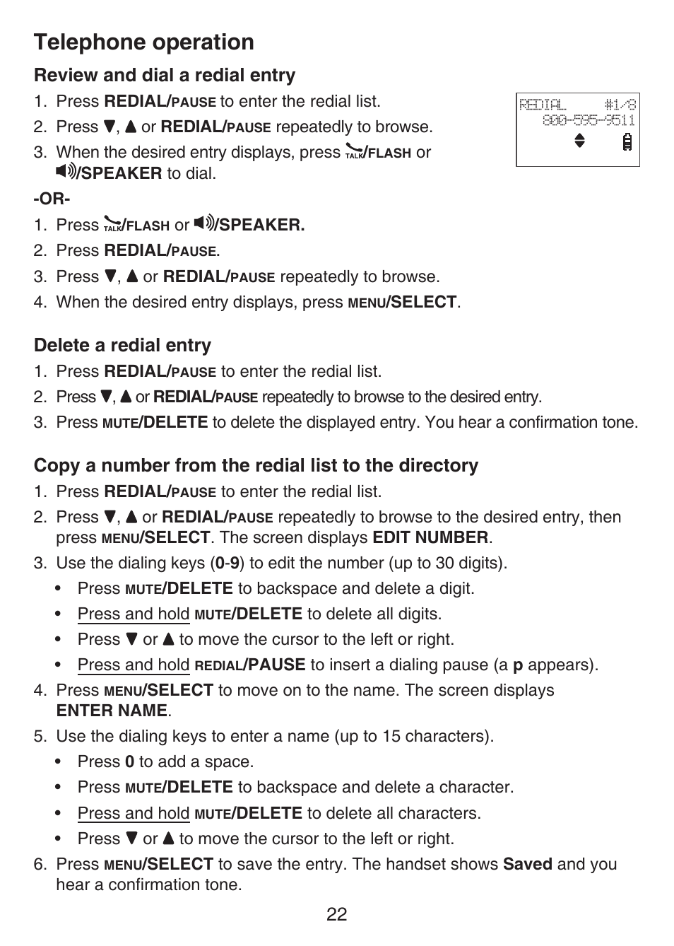 The directory, Telephone operation, 22 review and dial a redial entry | Delete a redial entry | VTech LS6426-3 User Manual | Page 26 / 82