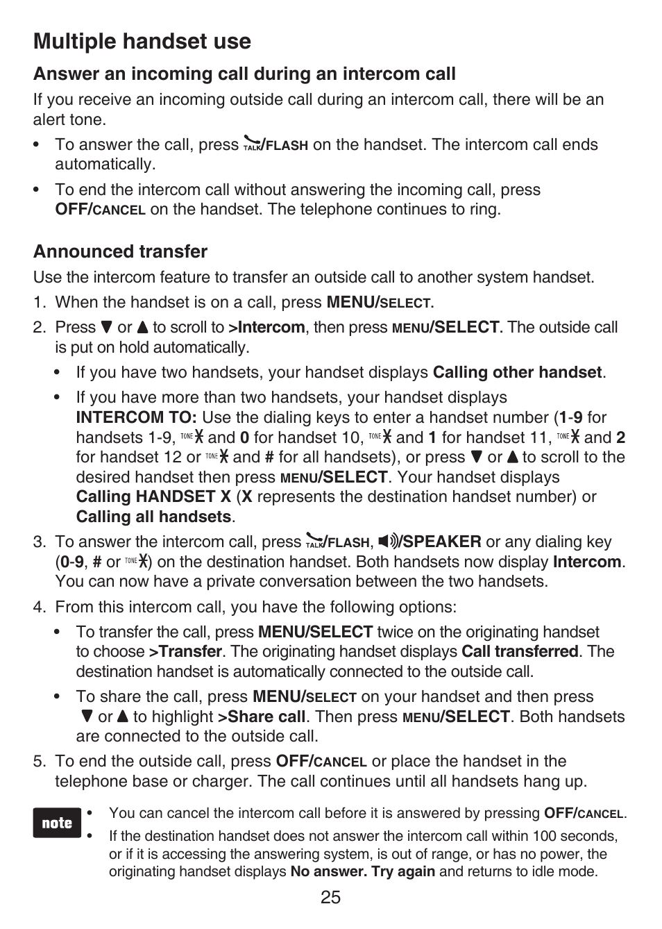 Answer an incoming call during an, Intercom call, Announced transfer | Multiple handset use, Answer an incoming call during an intercom call | VTech LS6426-3 User Manual | Page 29 / 82