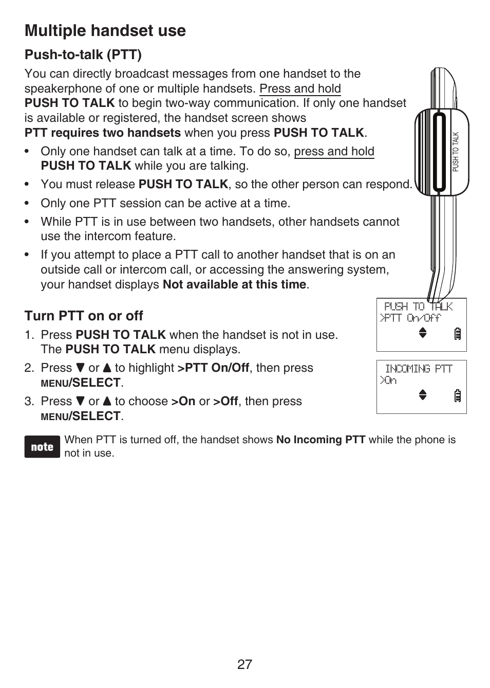 Push-to-talk (ptt) turn ptt on or off, Multiple handset use, Push-to-talk (ptt) | Turn ptt on or off | VTech LS6426-3 User Manual | Page 31 / 82