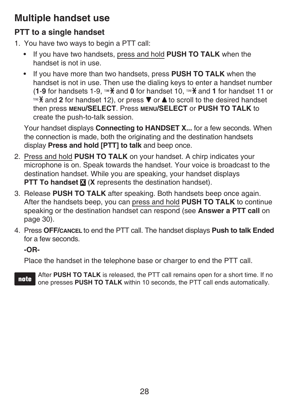 Ptt to a single handset, Multiple handset use | VTech LS6426-3 User Manual | Page 32 / 82