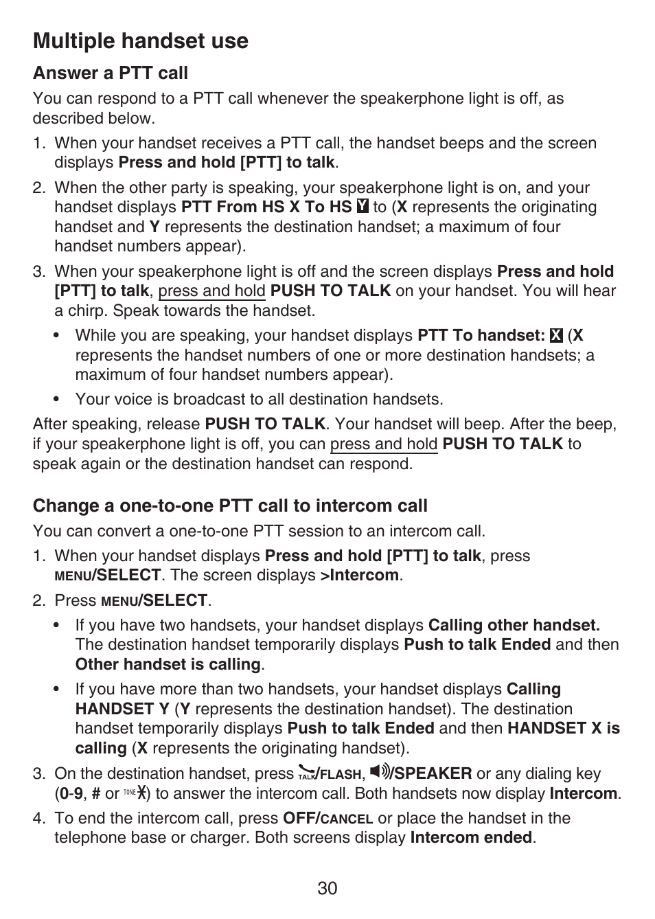 Answer a ptt call change a one-to-one ptt call to, Intercom call, Multiple handset use | VTech LS6426-3 User Manual | Page 34 / 82