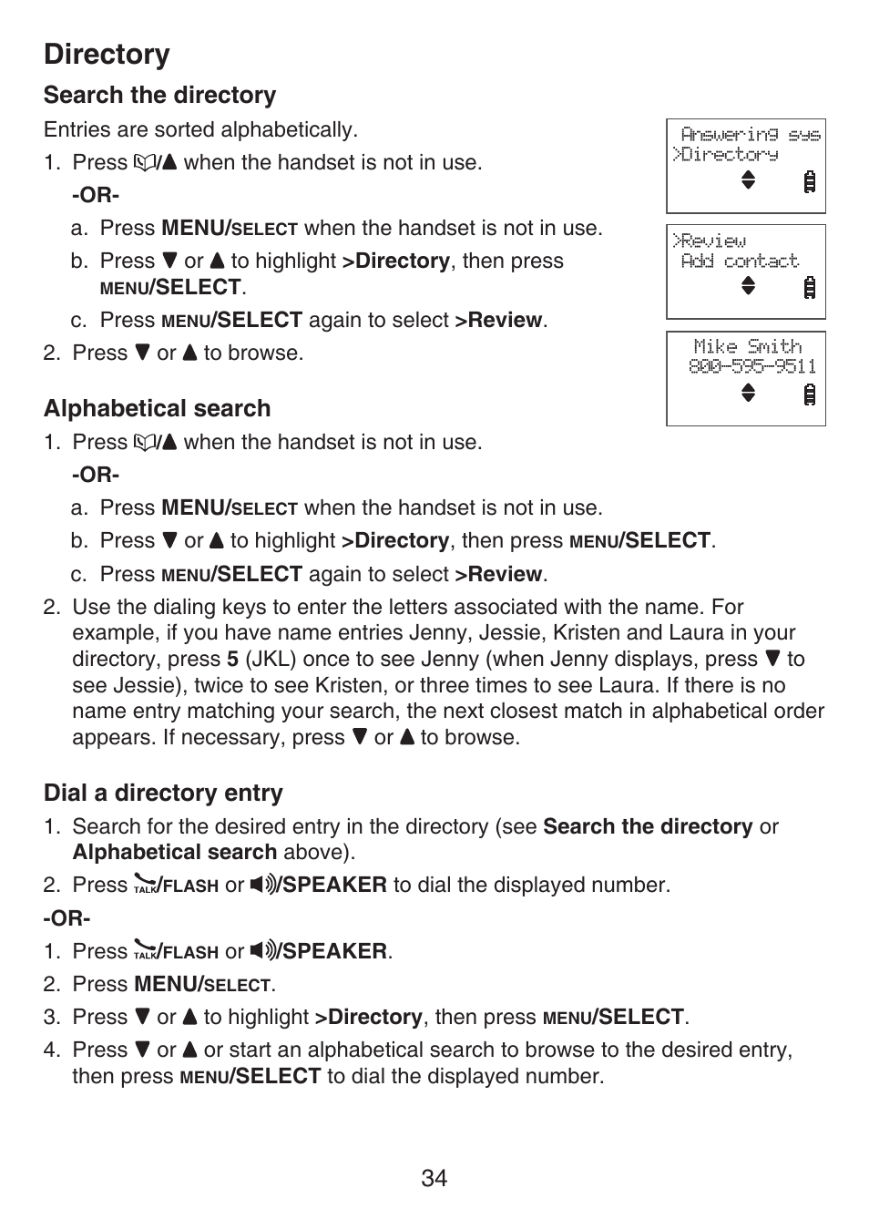 Directory, Search the directory, Alphabetical search | Dial a directory entry | VTech LS6426-3 User Manual | Page 38 / 82