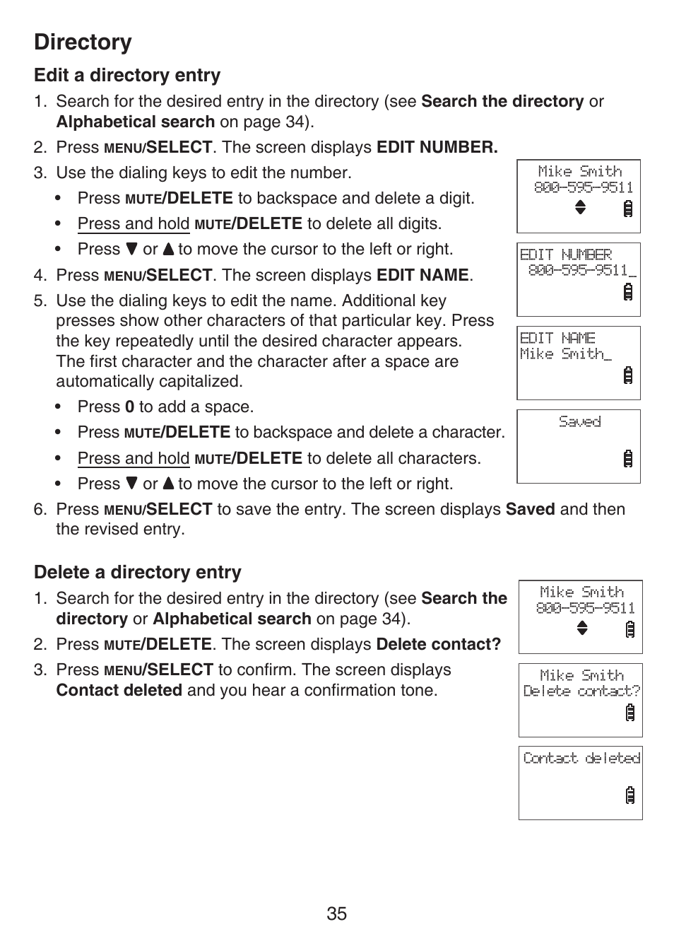 Edit a directory entry delete a directory entry, Directory, Edit a directory entry | Delete a directory entry | VTech LS6426-3 User Manual | Page 39 / 82