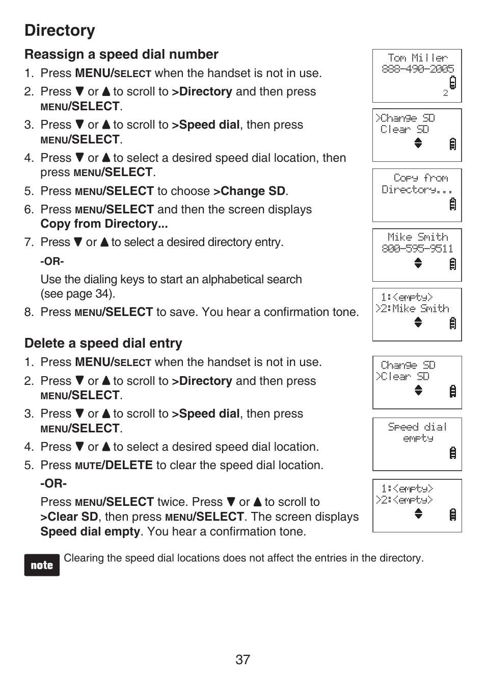 Directory, Reassign a speed dial number, Delete a speed dial entry | VTech LS6426-3 User Manual | Page 41 / 82