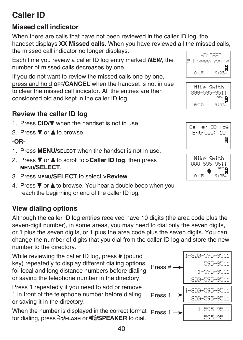 Storing a call history record into directory, Caller id, 40 missed call indicator | Review the caller id log, View dialing options | VTech LS6426-3 User Manual | Page 44 / 82