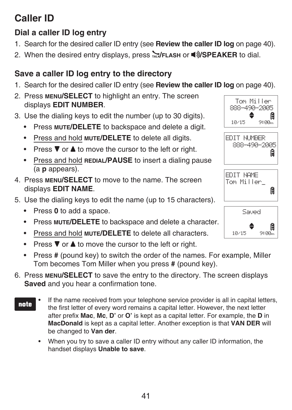 Directory, Caller id, 41 dial a caller id log entry | Save a caller id log entry to the directory | VTech LS6426-3 User Manual | Page 45 / 82