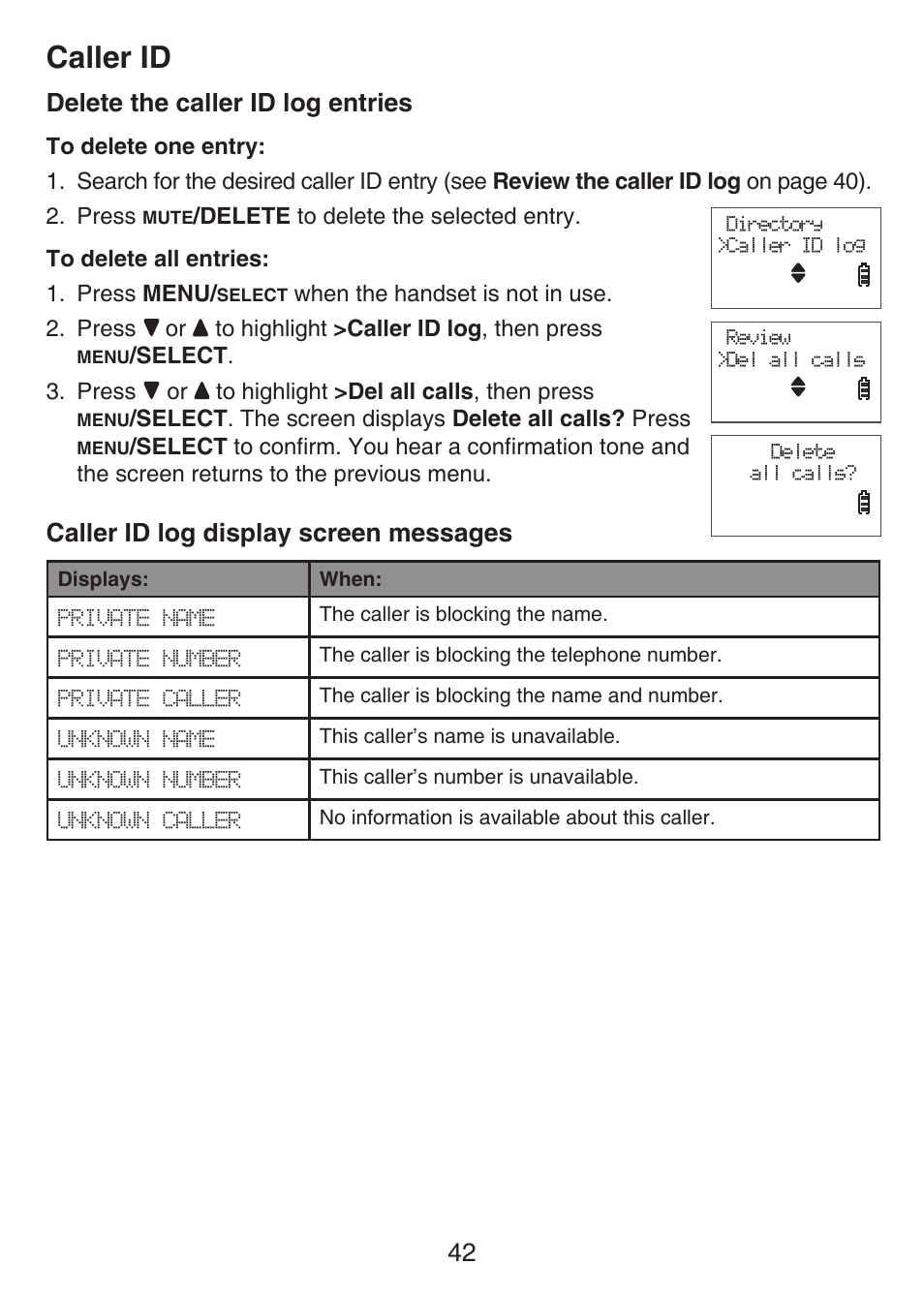 Messages, Caller id, 42 delete the caller id log entries | Caller id log display screen messages | VTech LS6426-3 User Manual | Page 46 / 82