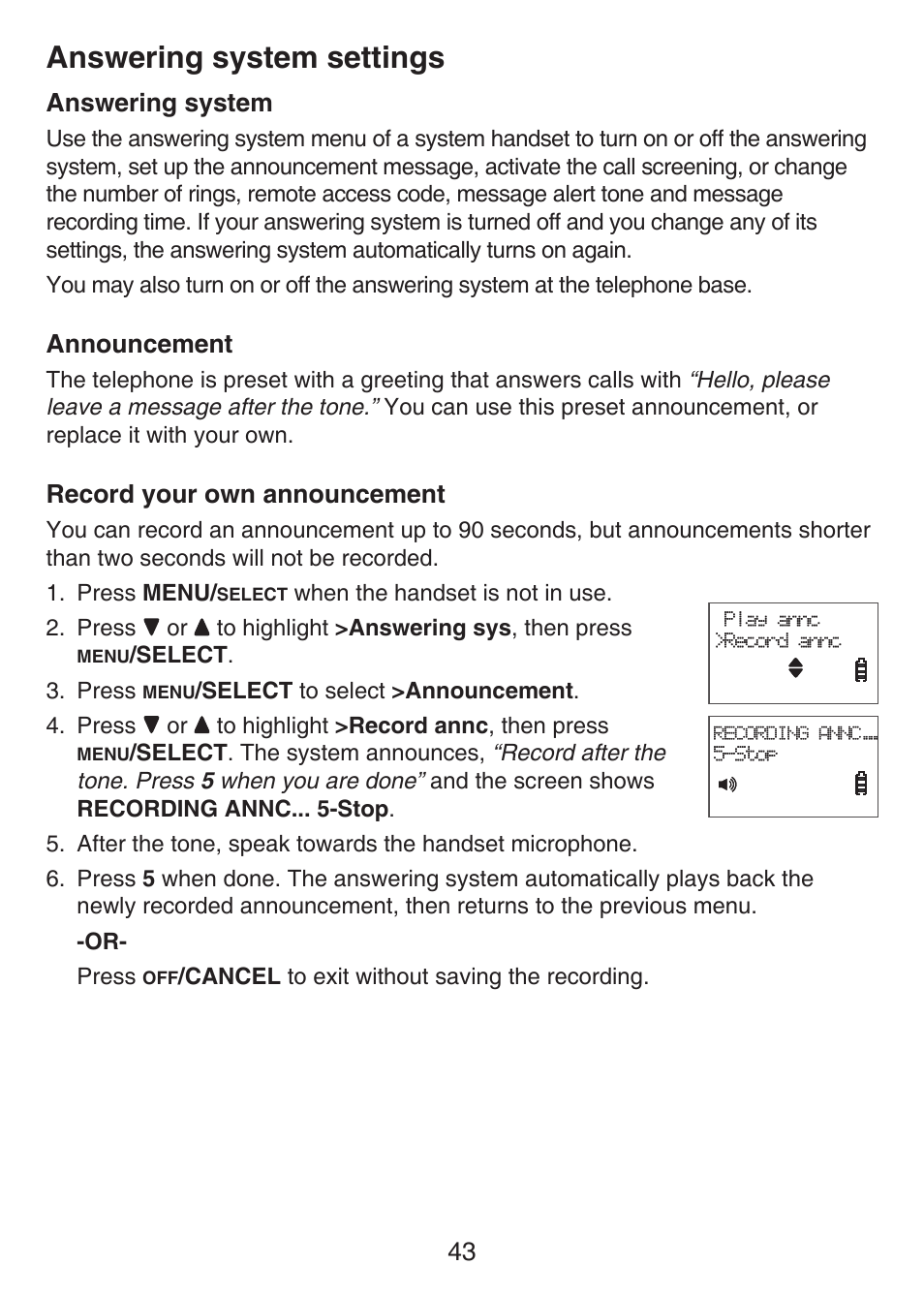 Answering system settings, 43 answering system, Announcement | Record your own announcement | VTech LS6426-3 User Manual | Page 47 / 82