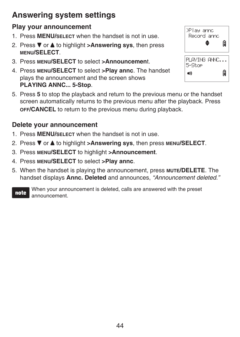 Play your announcement delete your announcement, Answering system settings, Play your announcement | Delete your announcement | VTech LS6426-3 User Manual | Page 48 / 82