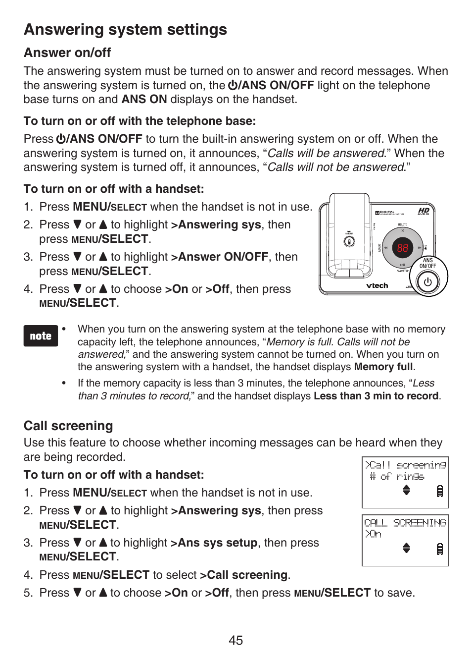 Answer on/off call screening, Answering system settings, 45 answer on/off | Call screening | VTech LS6426-3 User Manual | Page 49 / 82