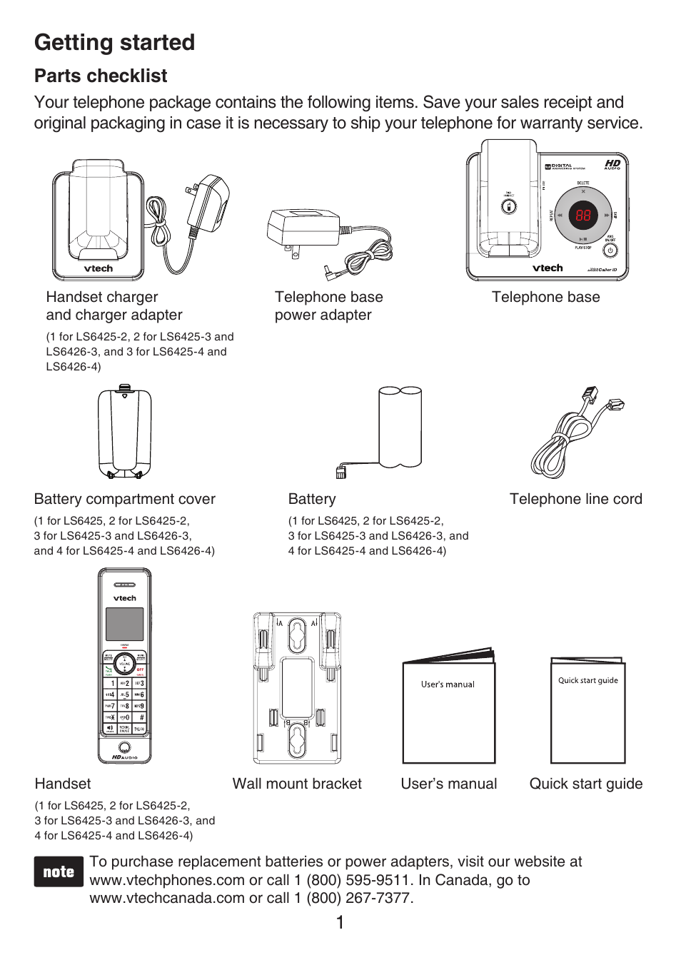 Parts checklist, Getting started parts checklist, Getting started | 1parts checklist | VTech LS6426-3 User Manual | Page 5 / 82