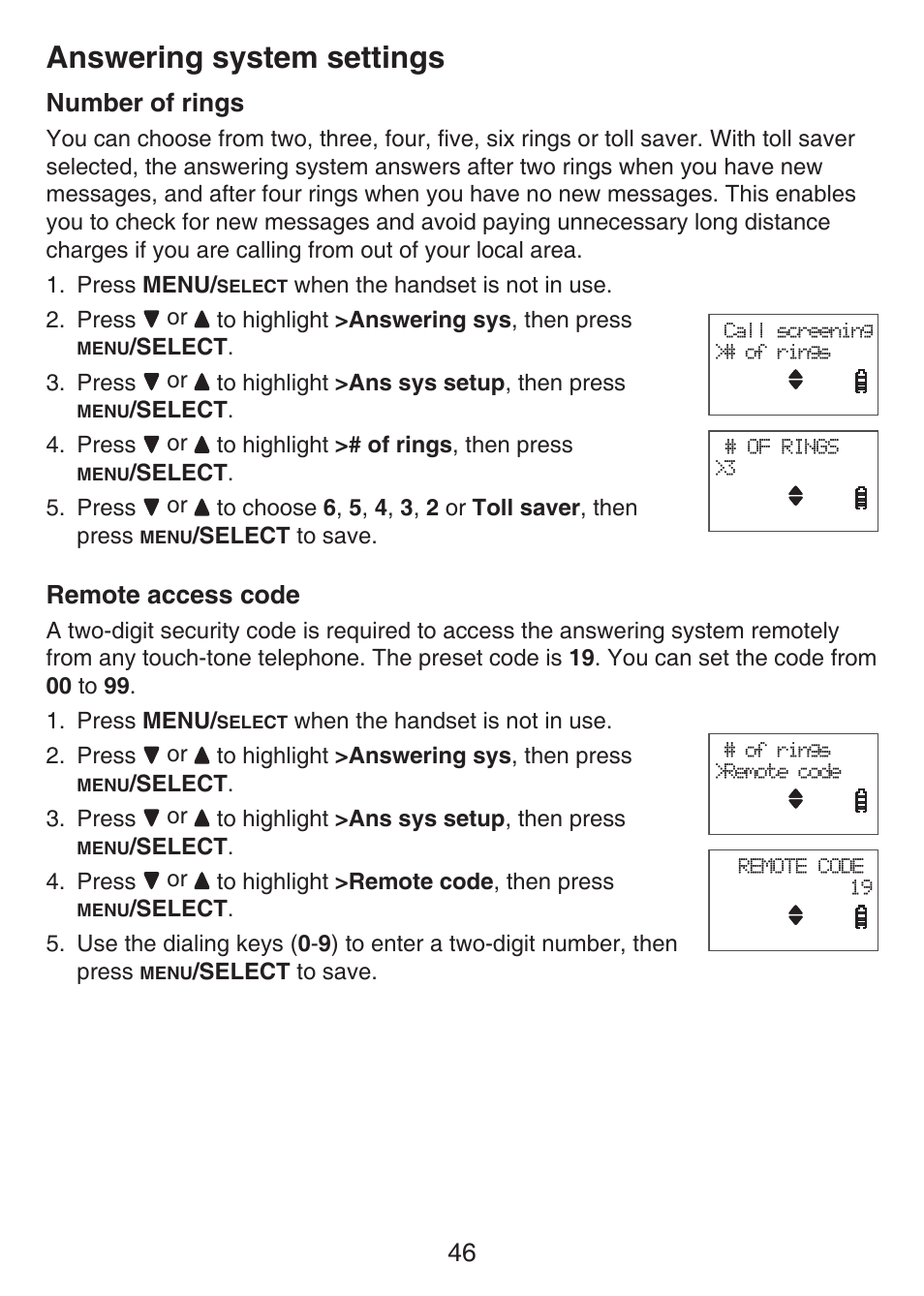 Number of rings remote access code, Answering system settings, Number of rings | Remote access code | VTech LS6426-3 User Manual | Page 50 / 82