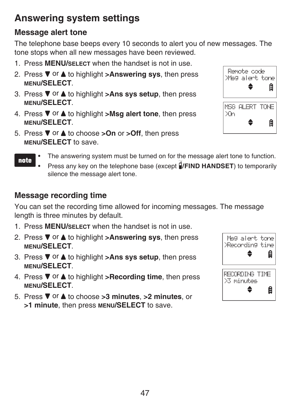 Message alert tone message recording time, Answering system settings, Message alert tone | Message recording time | VTech LS6426-3 User Manual | Page 51 / 82