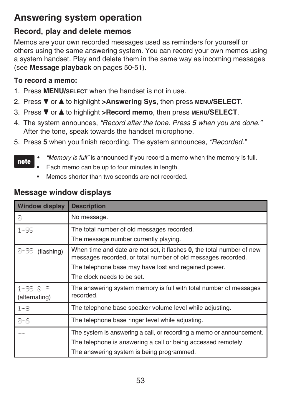 Answering system operation, Message window displays | VTech LS6426-3 User Manual | Page 57 / 82