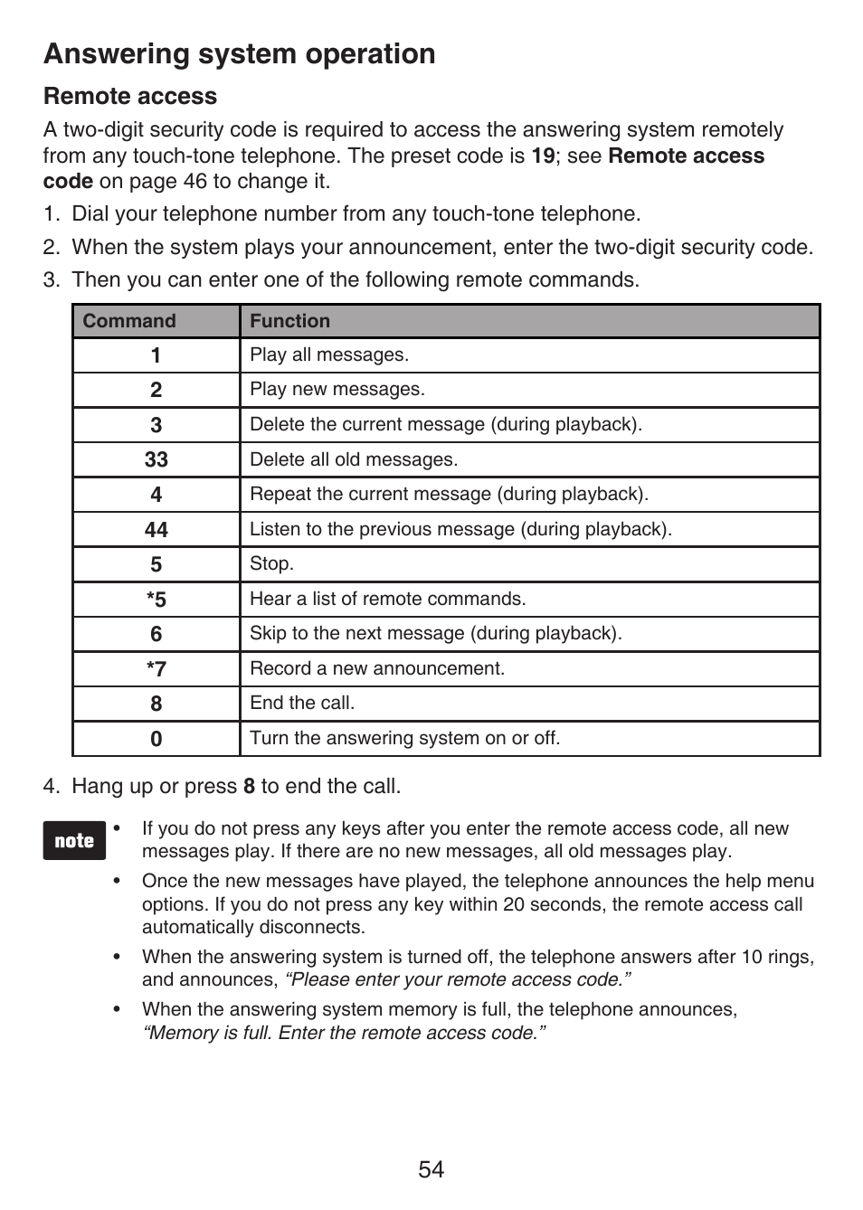 Remote access, Answering system operation | VTech LS6426-3 User Manual | Page 58 / 82