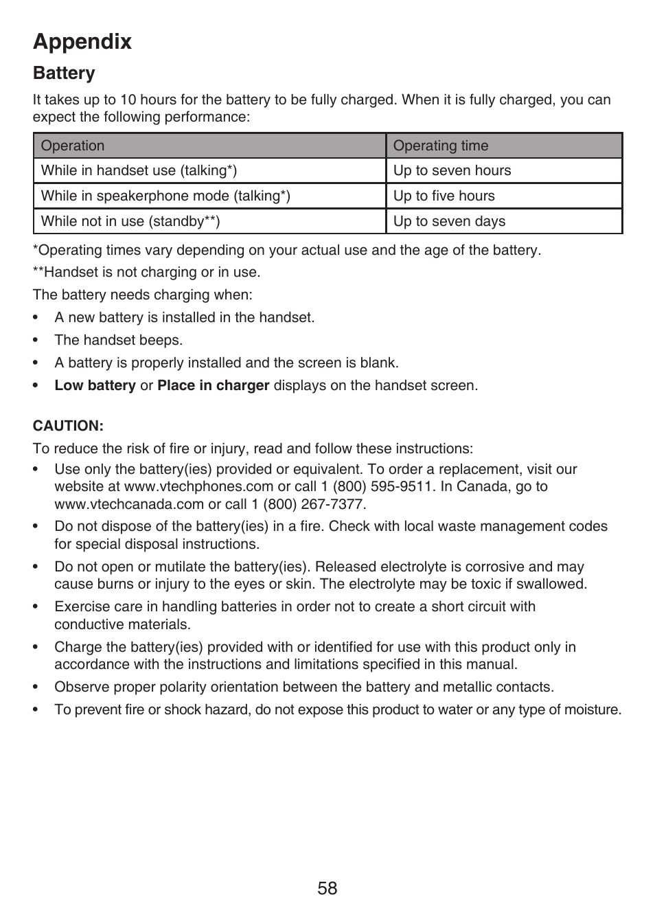 Battery, Appendix, 58 battery | VTech LS6426-3 User Manual | Page 62 / 82