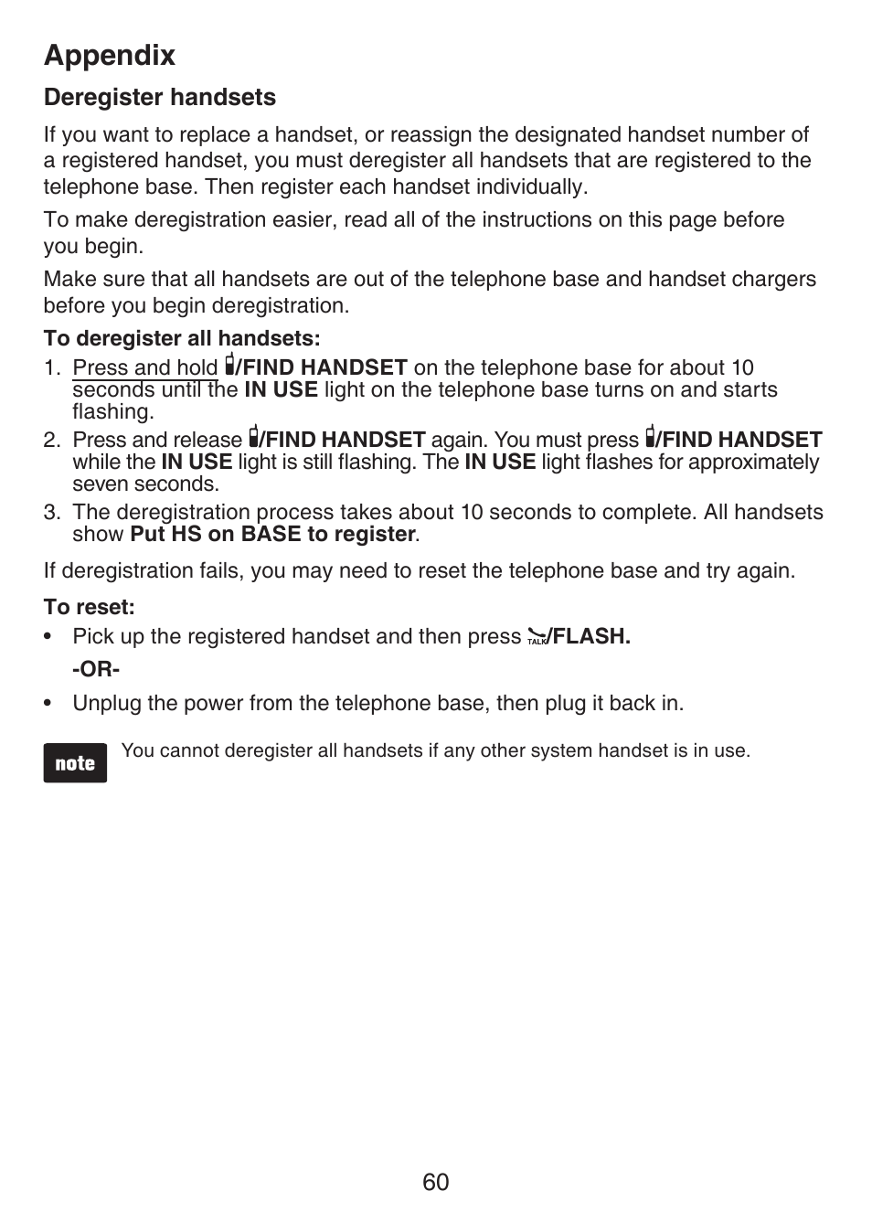 Deregister handsets, Appendix | VTech LS6426-3 User Manual | Page 64 / 82