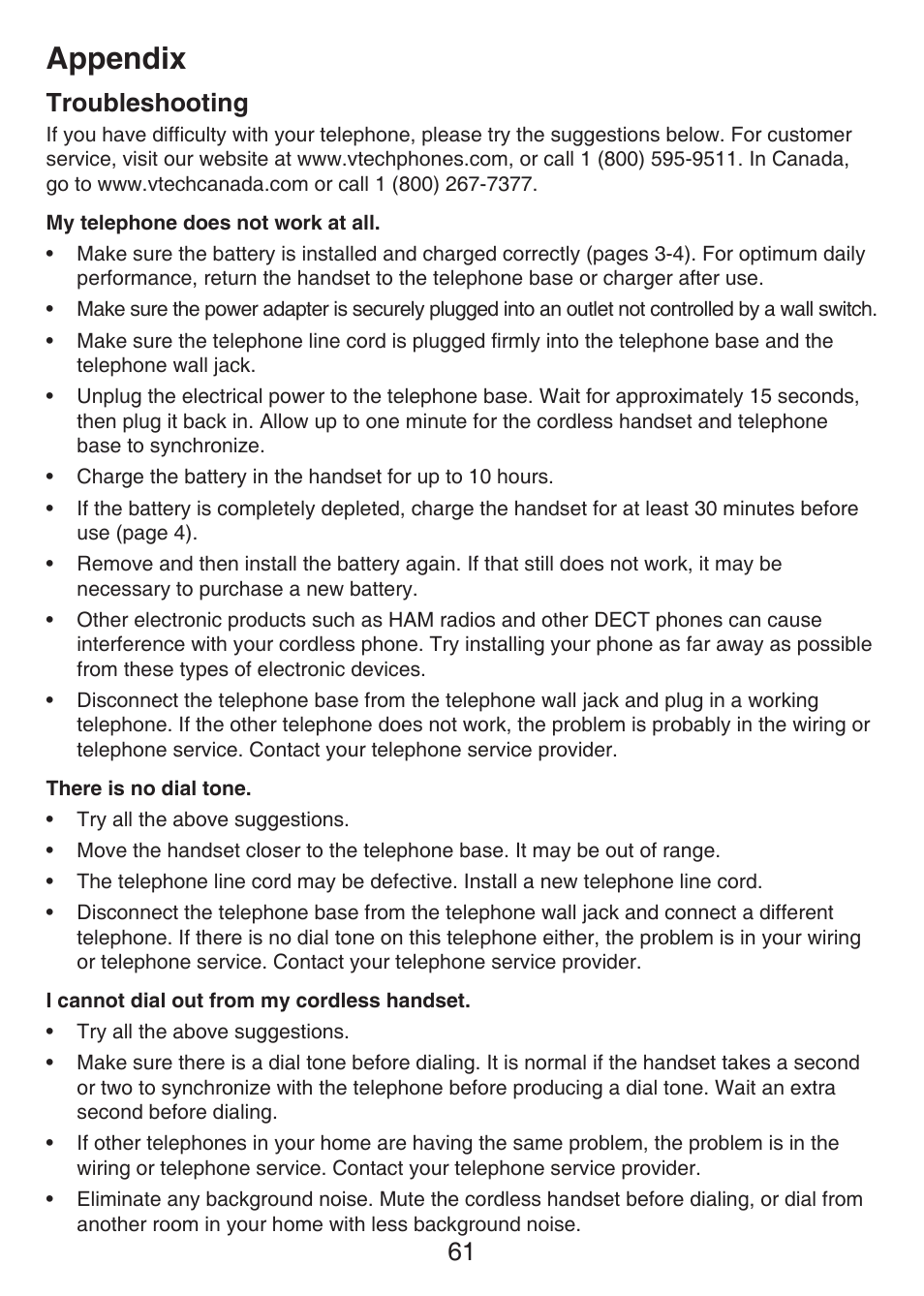 Troubleshooting, Appendix, 61 troubleshooting | VTech LS6426-3 User Manual | Page 65 / 82