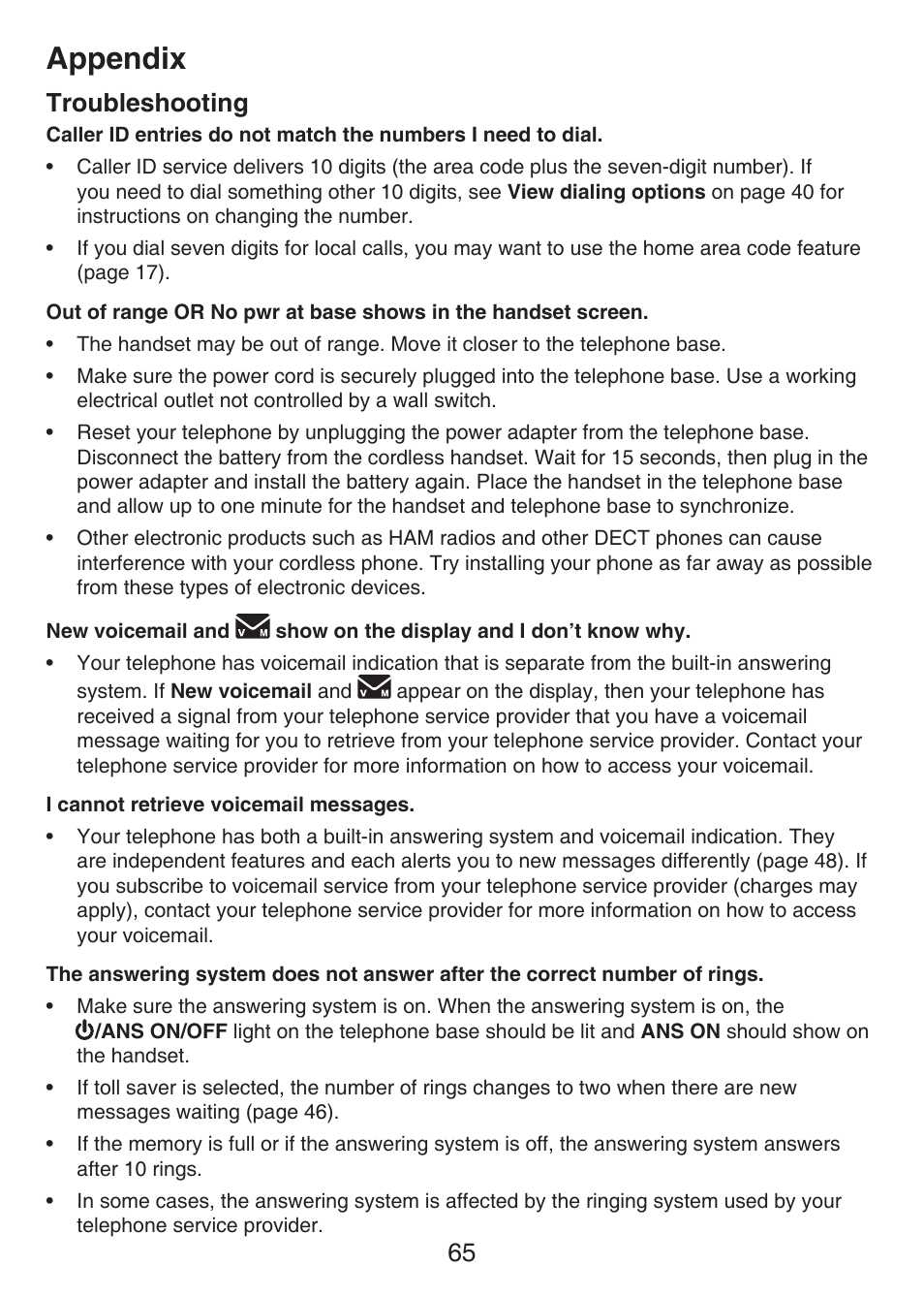 Appendix, 65 troubleshooting | VTech LS6426-3 User Manual | Page 69 / 82