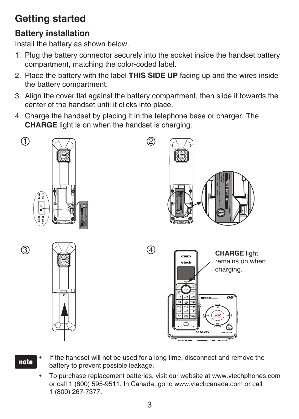 Battery installation, Getting started | VTech LS6426-3 User Manual | Page 7 / 82