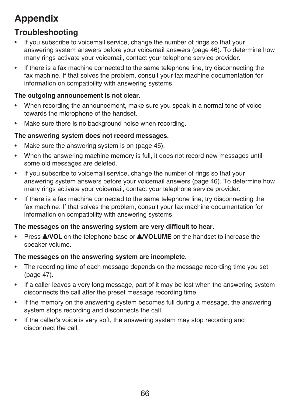 Appendix, 66 troubleshooting | VTech LS6426-3 User Manual | Page 70 / 82