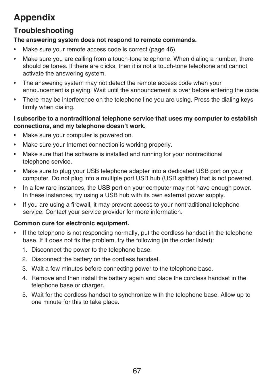 Appendix, 67 troubleshooting | VTech LS6426-3 User Manual | Page 71 / 82