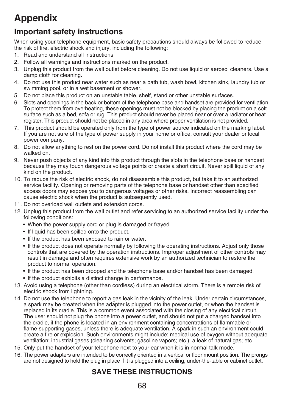 Important safety information, Important safety instructions, Appendix | 68 important safety instructions, Save these instructions | VTech LS6426-3 User Manual | Page 72 / 82