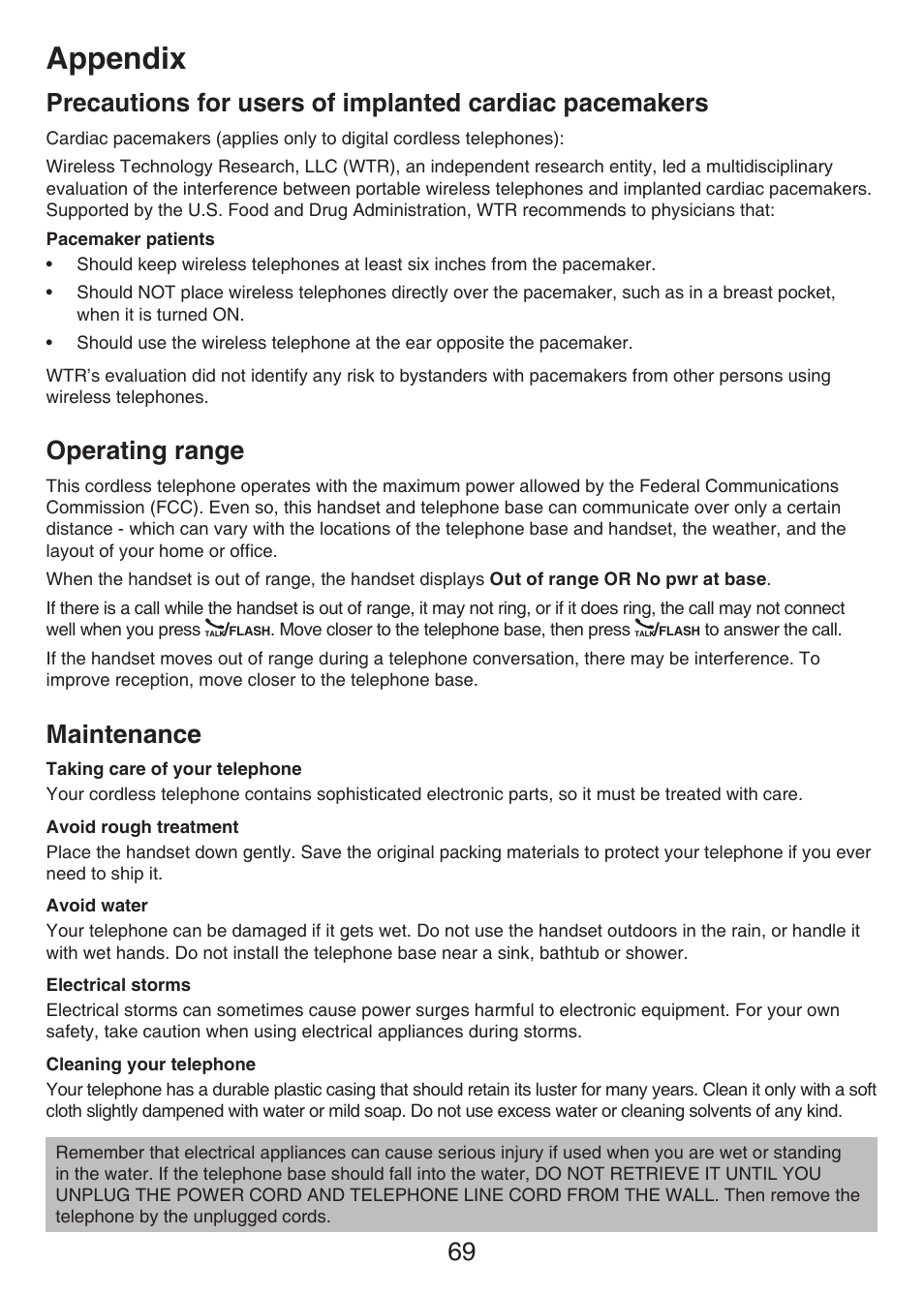 Precautions for users of implanted, Cardiac pacemakers, Operating range maintenance | Appendix, Operating range, Maintenance | VTech LS6426-3 User Manual | Page 73 / 82