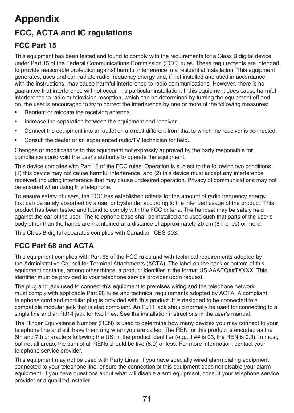 Fcc, acta and ic regulations, Fcc part 15, Fcc part 68 and acta | Appendix, 71 fcc, acta and ic regulations | VTech LS6426-3 User Manual | Page 75 / 82