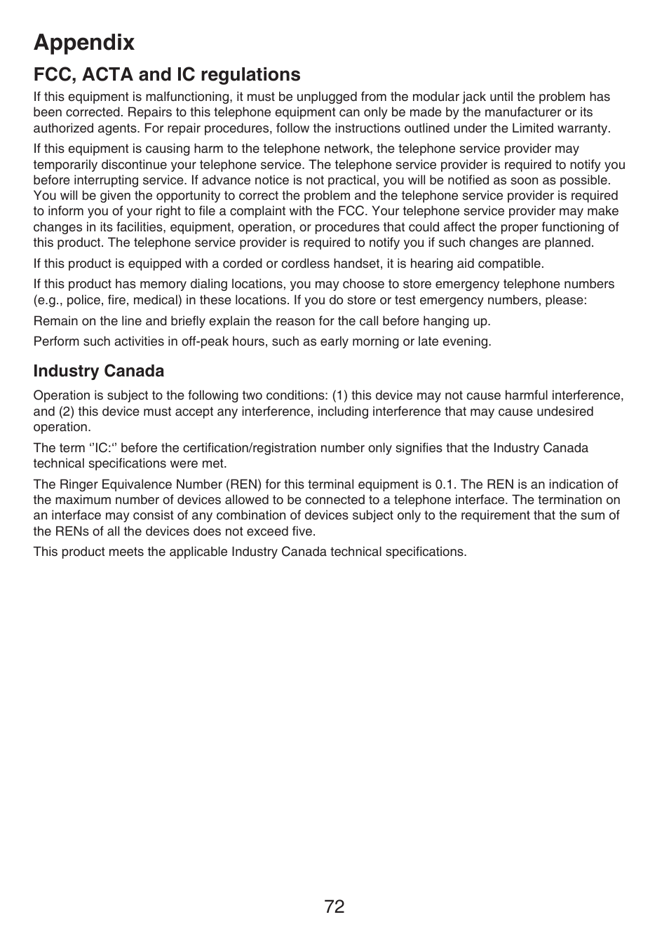 Industry canada, Appendix, Fcc, acta and ic regulations | VTech LS6426-3 User Manual | Page 76 / 82