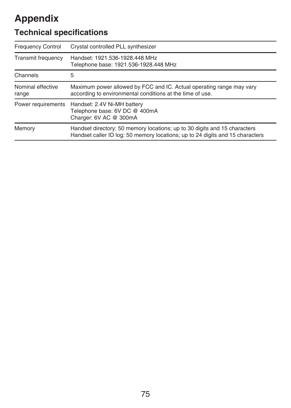 Technical specification, Technical specifications, Appendix | 75 technical specifications | VTech LS6426-3 User Manual | Page 79 / 82