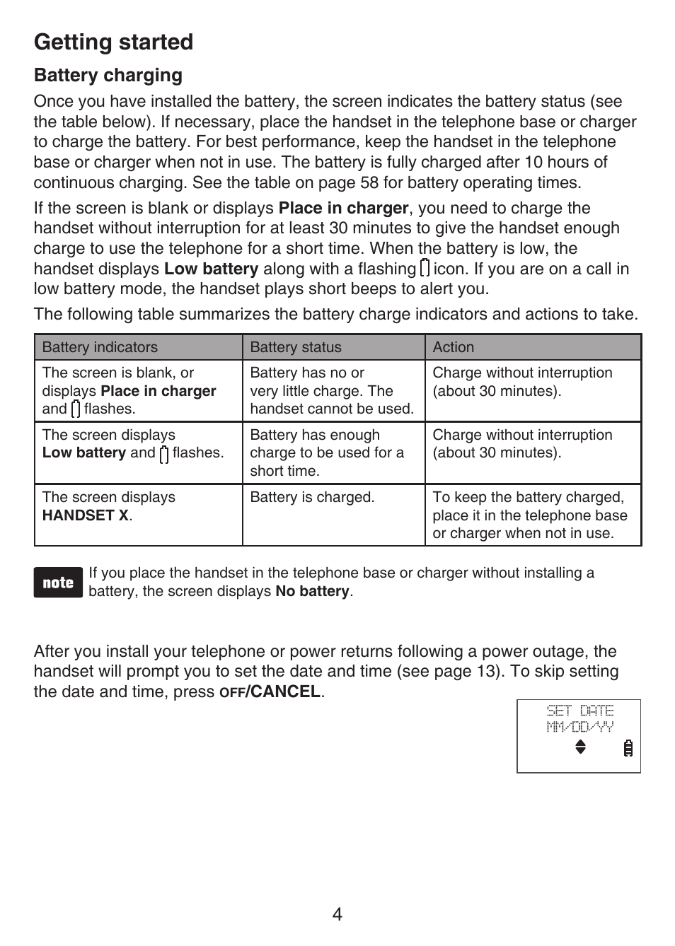 Battery charging, Getting started, 4battery charging | VTech LS6426-3 User Manual | Page 8 / 82