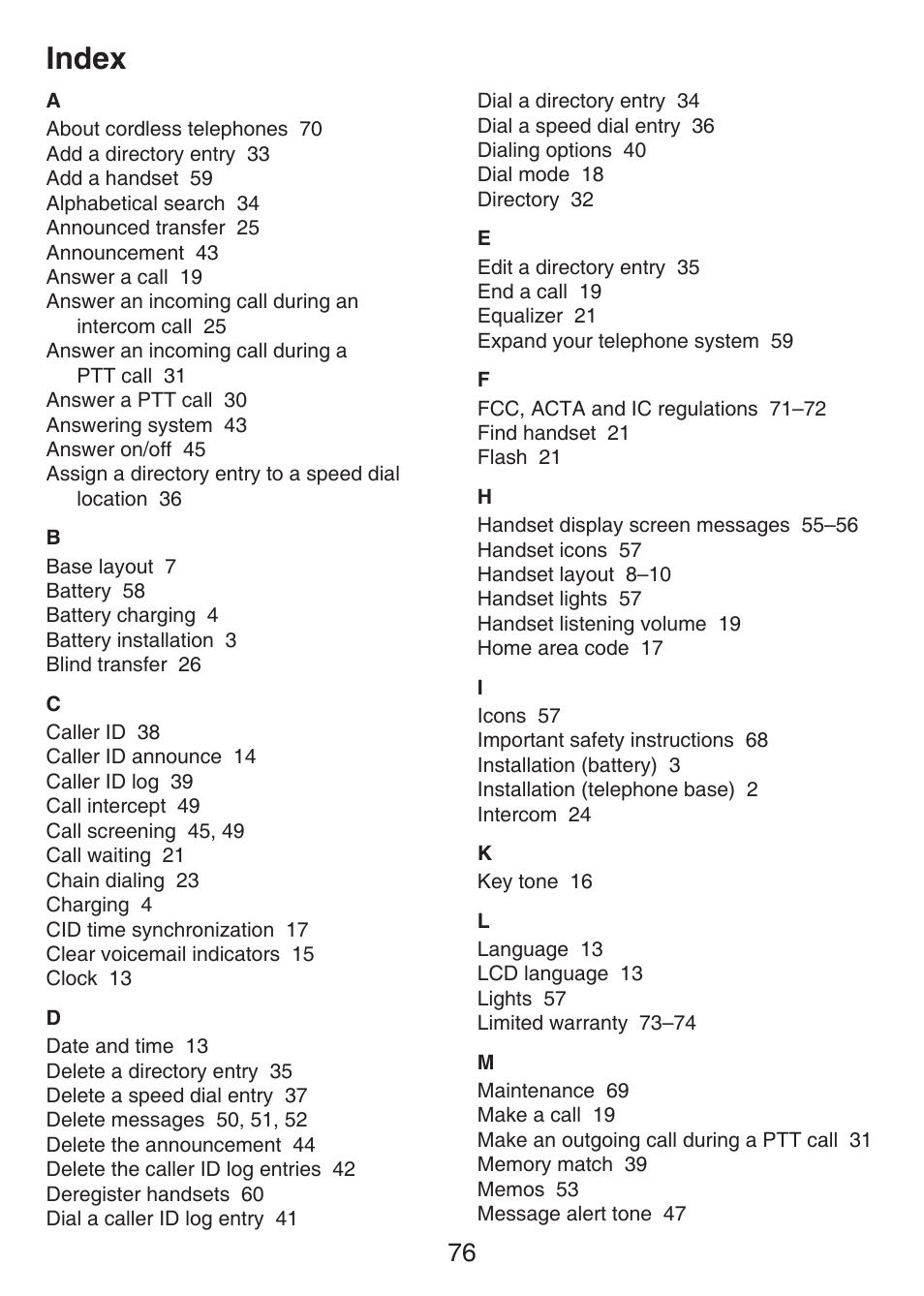 Index | VTech LS6426-3 User Manual | Page 80 / 82