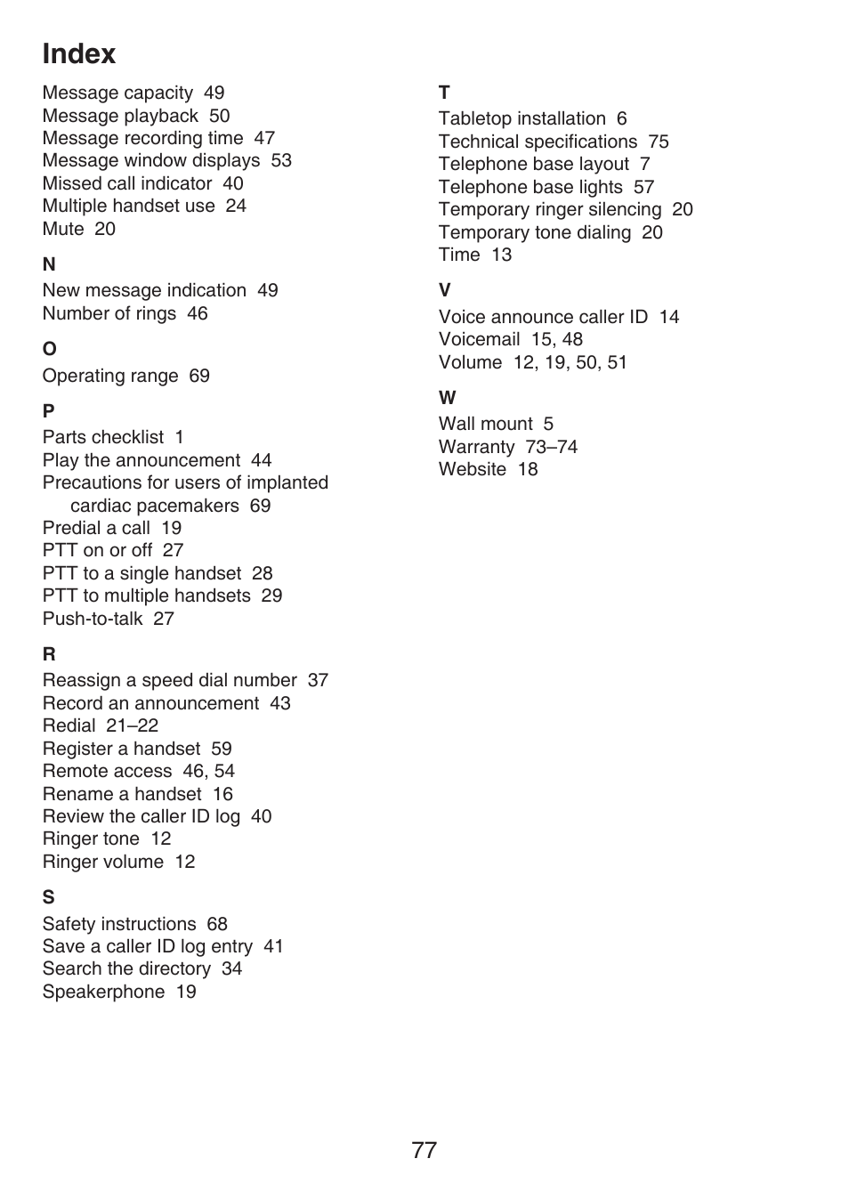 Index | VTech LS6426-3 User Manual | Page 81 / 82