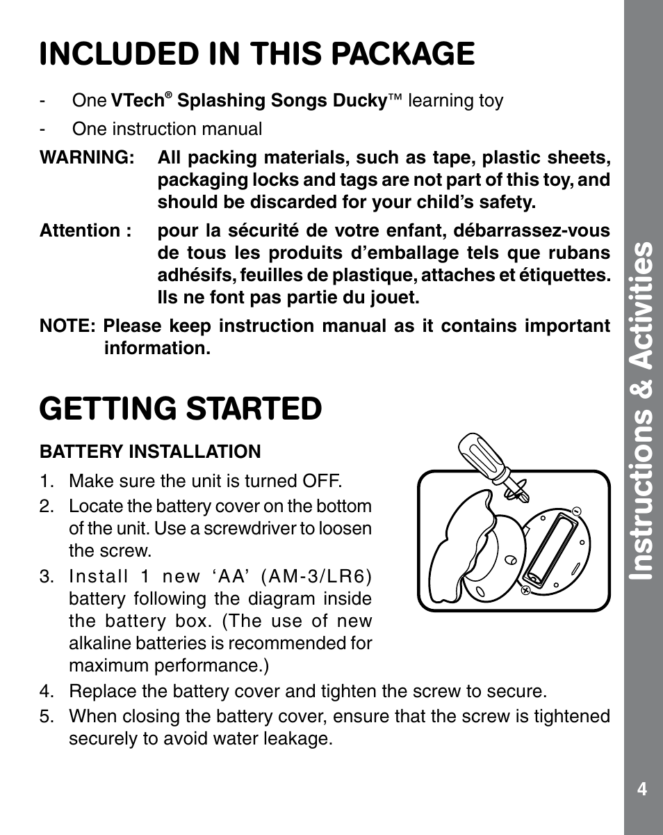 Included in this package, Getting started, Instructions & activities | VTech 91-002554-006-000 User Manual | Page 4 / 10