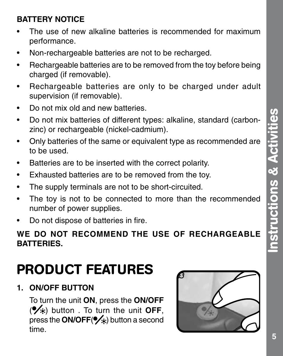 Product features, Instructions & activities | VTech 91-002554-006-000 User Manual | Page 5 / 10