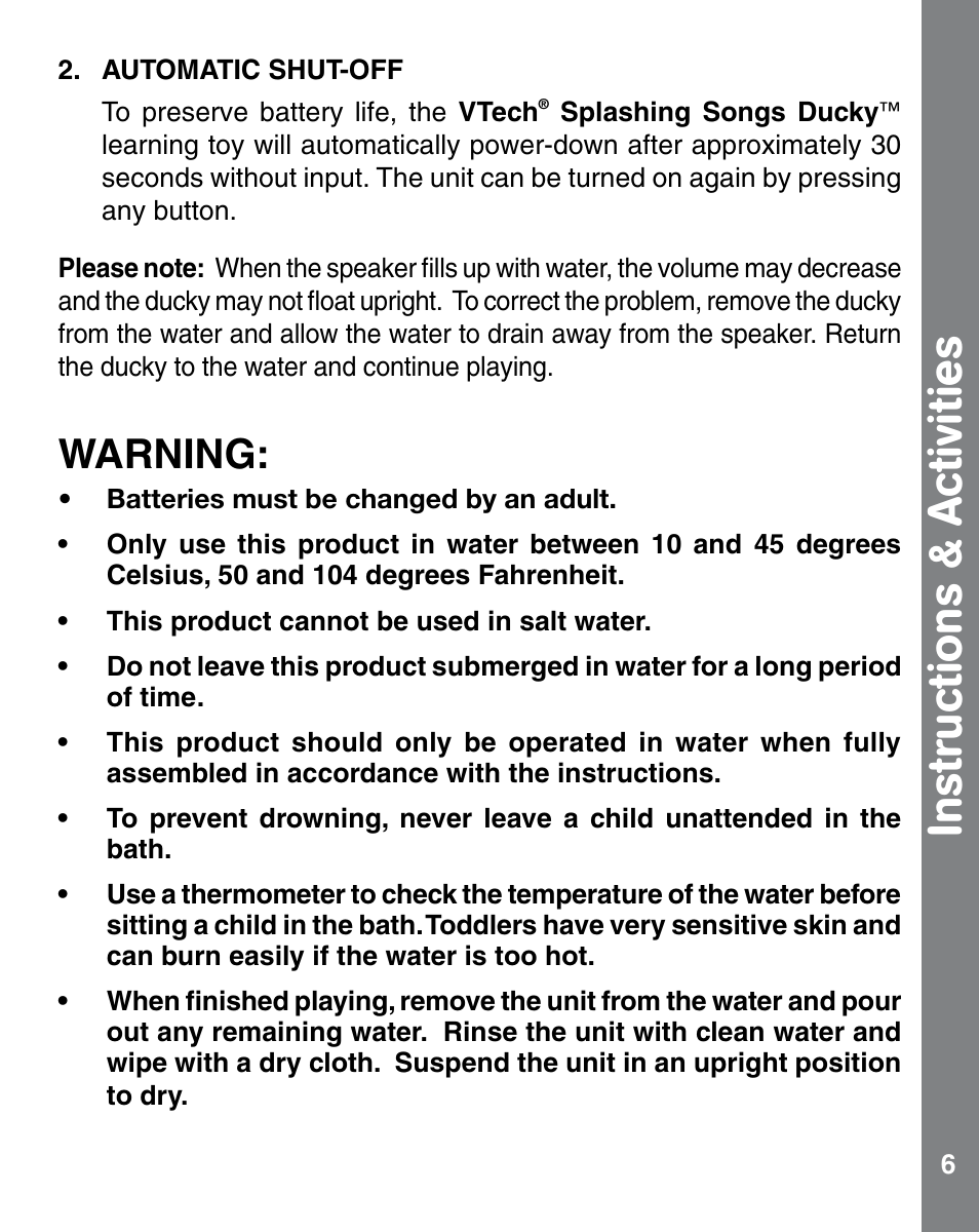 Instructions & activities, Warning | VTech 91-002554-006-000 User Manual | Page 6 / 10