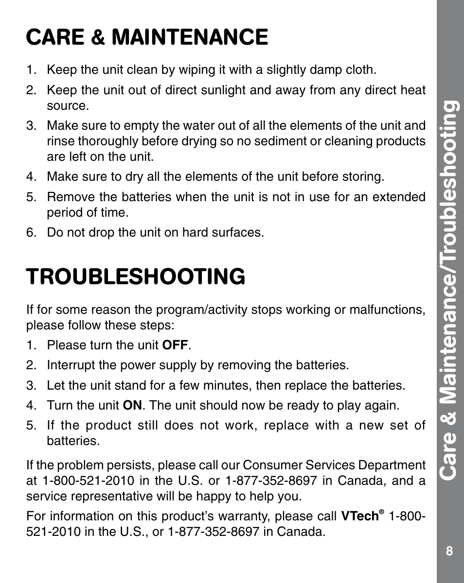 Care & maintenance, Troubleshooting, Car e & maintenance/t roubleshooting | VTech 91-002554-006-000 User Manual | Page 8 / 10