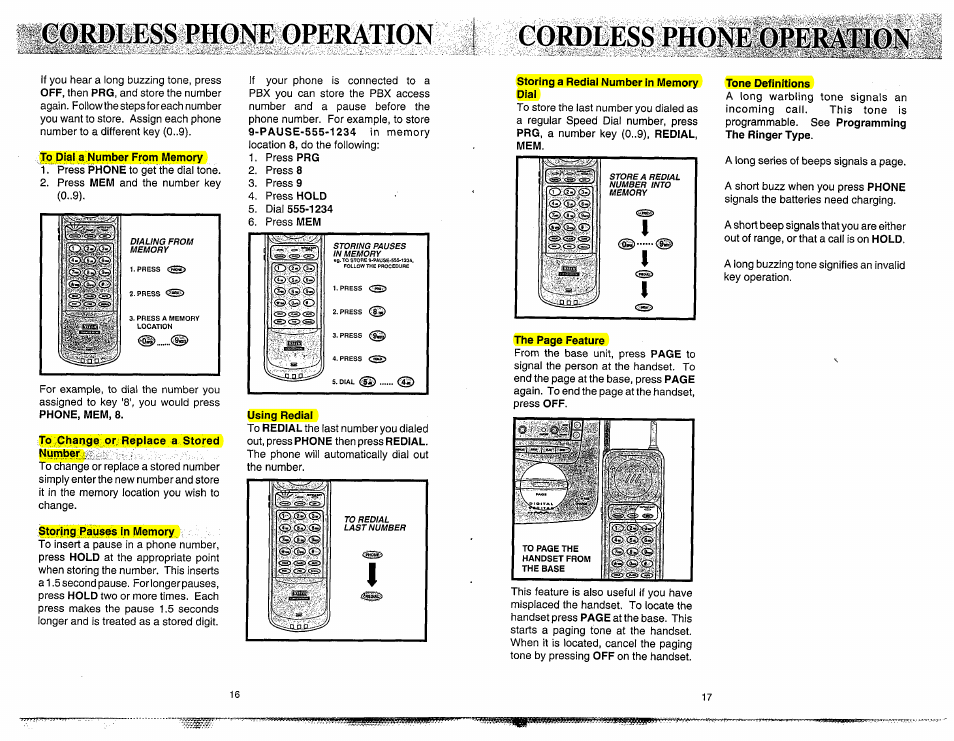 60rdless phone operation, Tp dial a number from memory, To change or replace a stored number | Storing pauses in memory, Using redial, Cordless ph0r®t)perj®10n, Storing a rediai number in memory dial, Tone definitions, The mute feature, Storing pauses in memory using redial | VTech 900I User Manual | Page 10 / 24