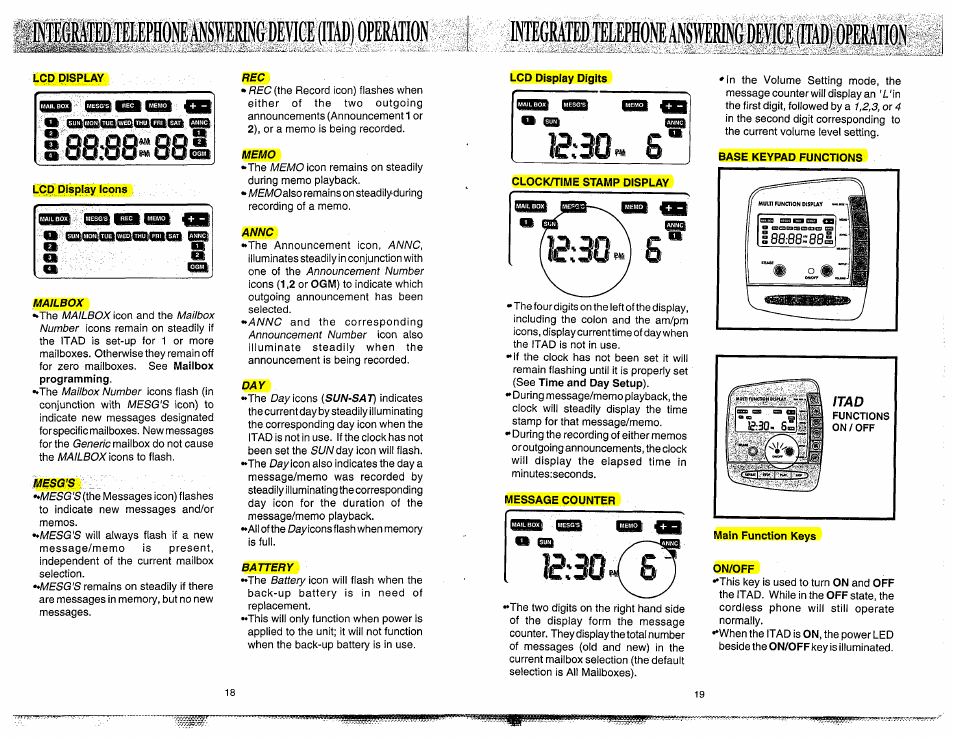Base keypad functions, Message counter, Main function keys | On/off, Base keypad functions main function keys, Itad, Iwewngdevlce (itad) operation | VTech 900I User Manual | Page 11 / 24
