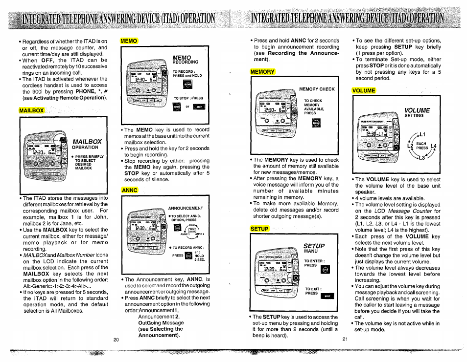 Mailbox, Memo, Memory | Volume, Mtedmeph, Mmiiingdera(ilm)), Peiiati, N megrffldmepholans i«gdevicepd), Peiia | VTech 900I User Manual | Page 12 / 24